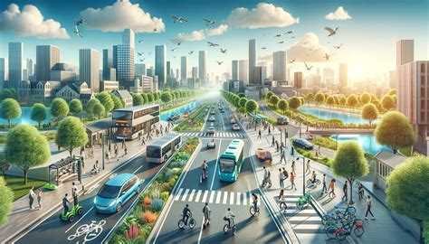 Illustrazione di una città moderna con piste ciclabili integrate e mezzi pubblici