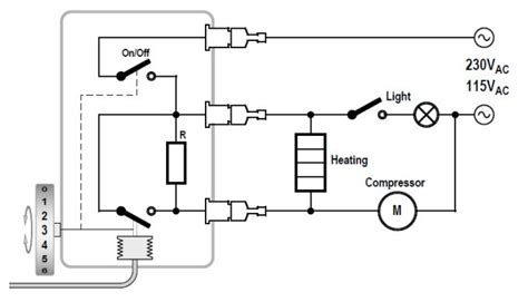 Schema elettrico semplice di un frigorifero vintage con termostato e relè termico