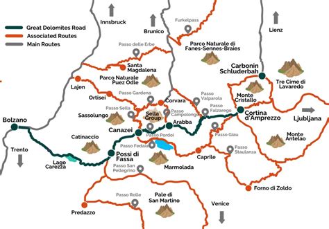 map of the Dolomites highlighting different valleys with MTB routes