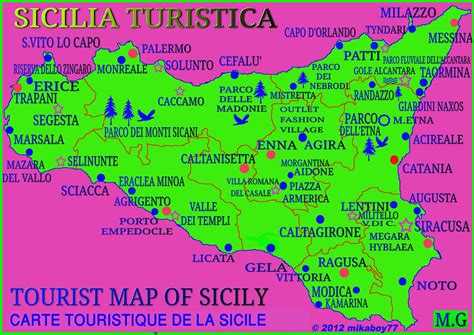 Mappa della Sicilia con evidenziati i punti di interesse cicloturistico