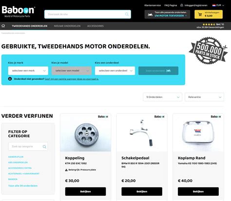 Schermata del sito web di Baboon Motorcycle Parts con una barra di ricerca