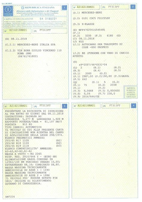 Esempio di libretto di circolazione con dati potenza