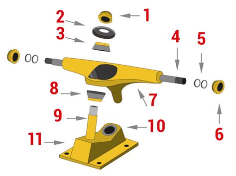 Schema di un truck da skateboard con le sue componenti principali
