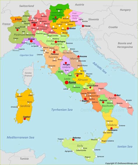 Mappa dell'Italia con evidenziate le principali città dove la famiglia Scaglione ha avuto una presenza storica
