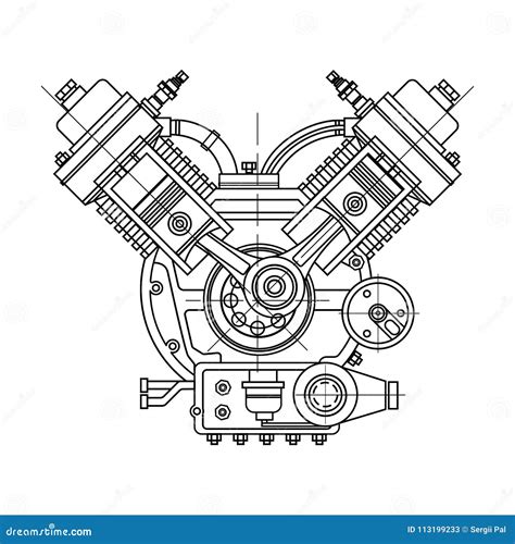 Disegno tecnico di un motore a V