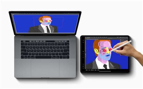 Illustrazione che mostra un artista che utilizza Sidecar per disegnare su un iPad con Apple Pencil, con il risultato visualizzato su un Mac